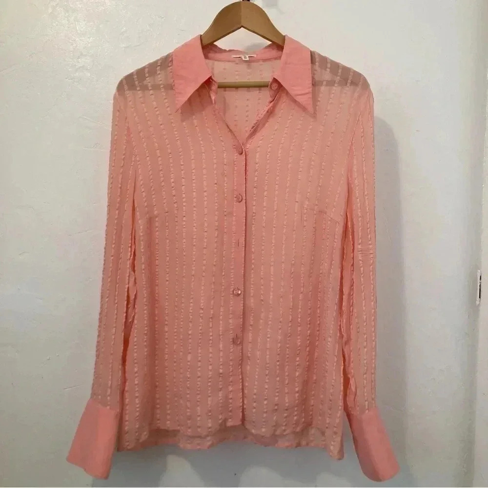 Escada Sheer Light Peach‎ Striped 100% Silk Long Sleeve Blouse Button Down SZ 42